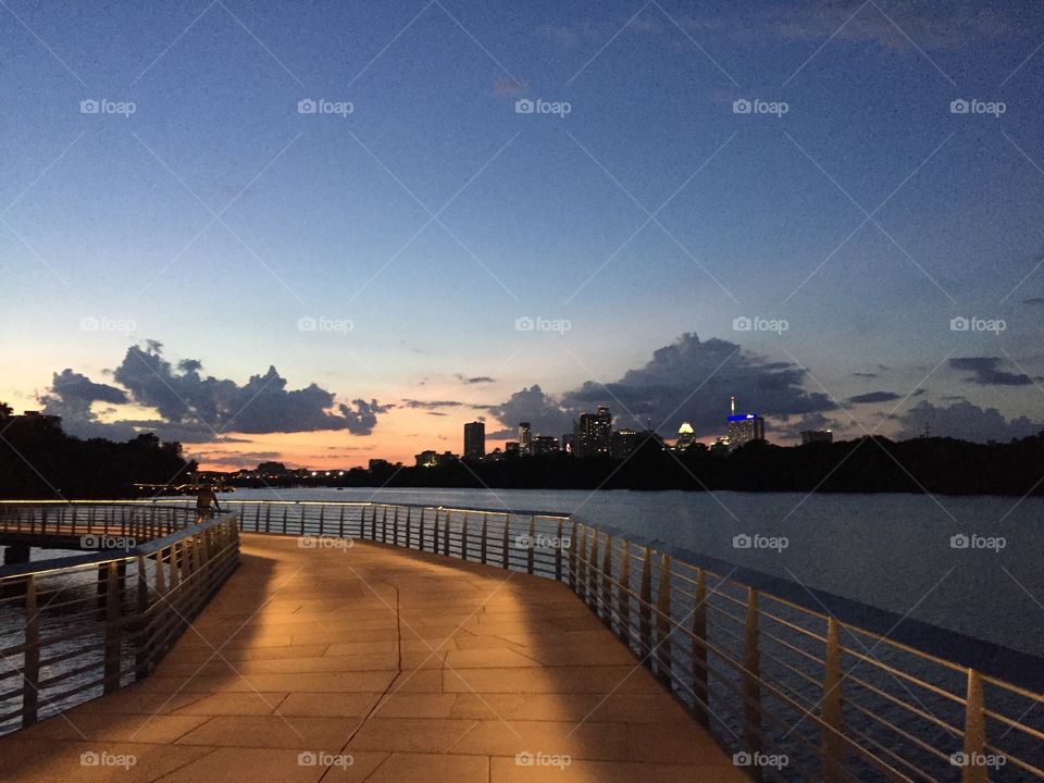 Austin Texas river boardwalk in the evening