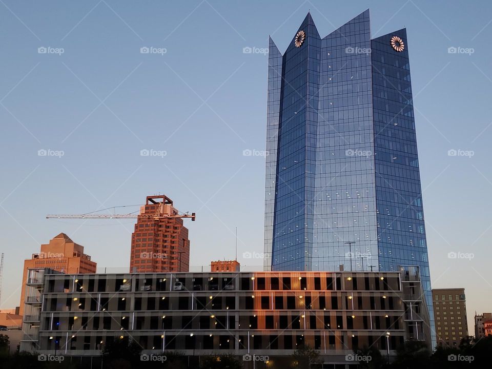 Frost Bank building in the distance with unique architecture