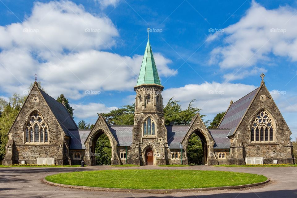 Cathays Cemetery, Cardiff, Wales, UK. View of fantastic architecture of chapel in Cardiff main cemetery