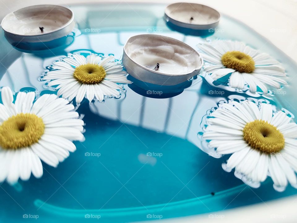 Daisy flowers and candles in floating on water