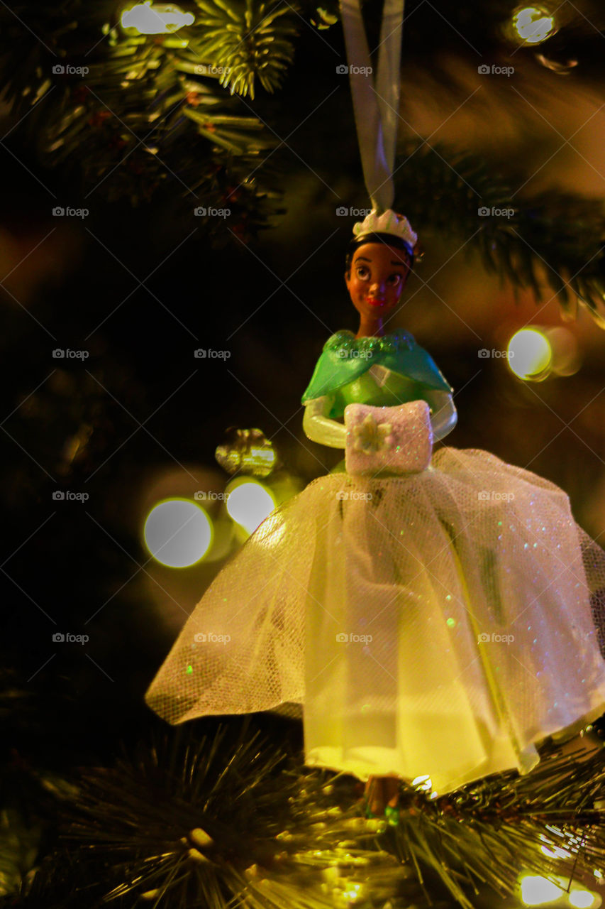 Princess Tiana ornament on a tree
