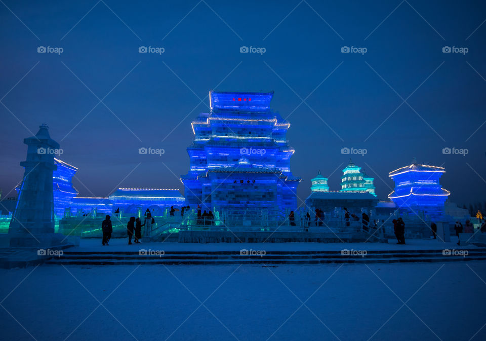 Asia china  Harbin ice Festival snow Festival ice sculptures snow building  snow ice in light colorful ice buildings at night