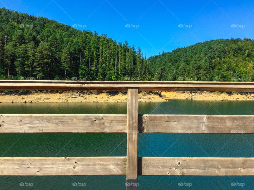 Wooden fence near a lake surrounded by forest