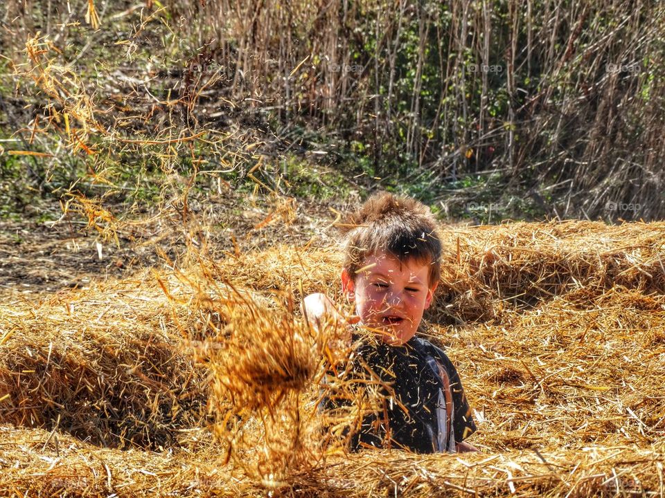 Young Boy Playing In Haystack