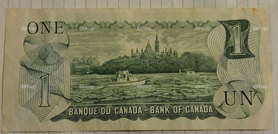 Old Canadian paper dollar bill Back