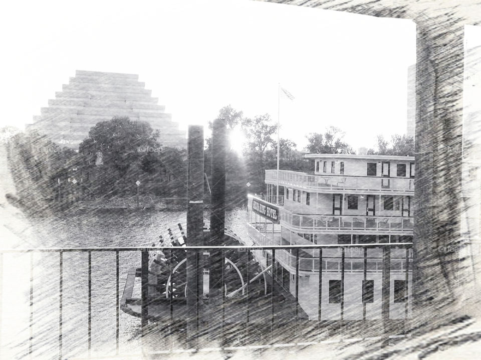 Delta King riverboat. black and white picture of the Delta King riverboat in Sacramento California