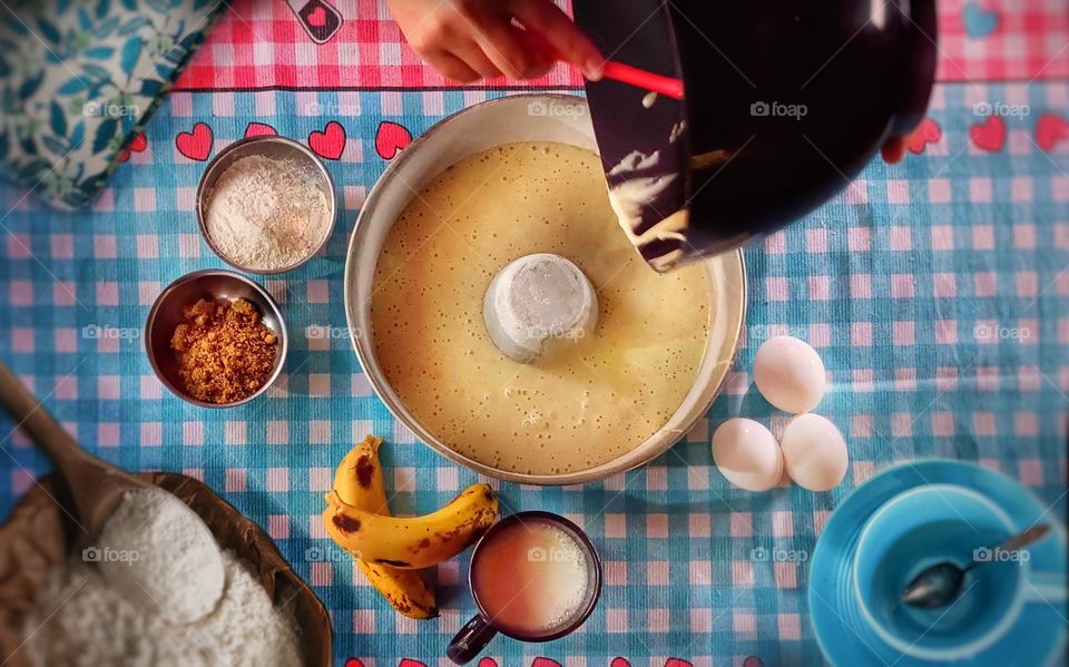 Ingredients and utensils for preparing banana cake