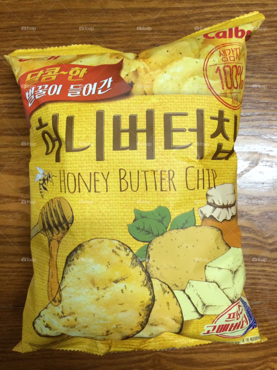 Honey butter chip bag from Korea. Front view. Top view. 