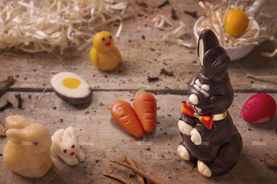 Chocolate rabbit with his marzipan friends