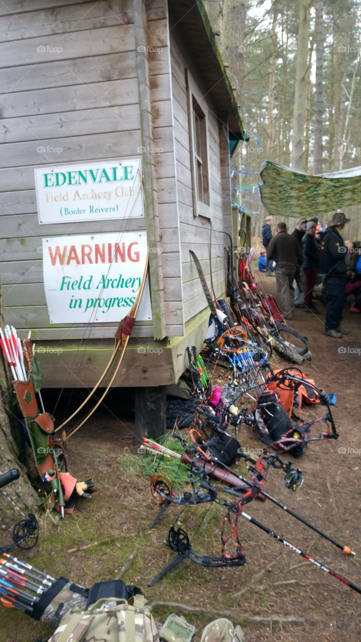 Archery competition lots if bows resting