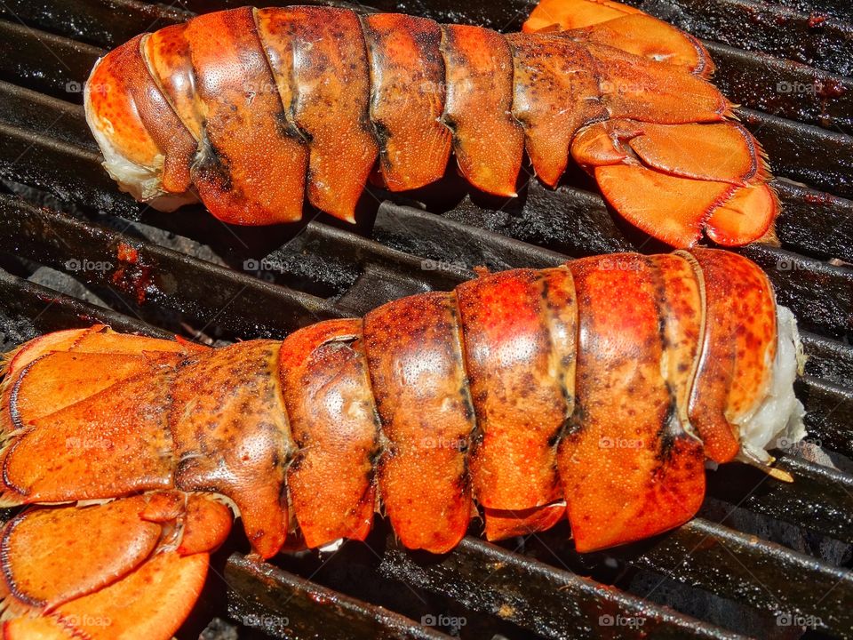 Lobster Cooking On The Grill. Two Fresh Ted Lobster Tails Cooking On A Beach Barbecue in Cancún Mexico
