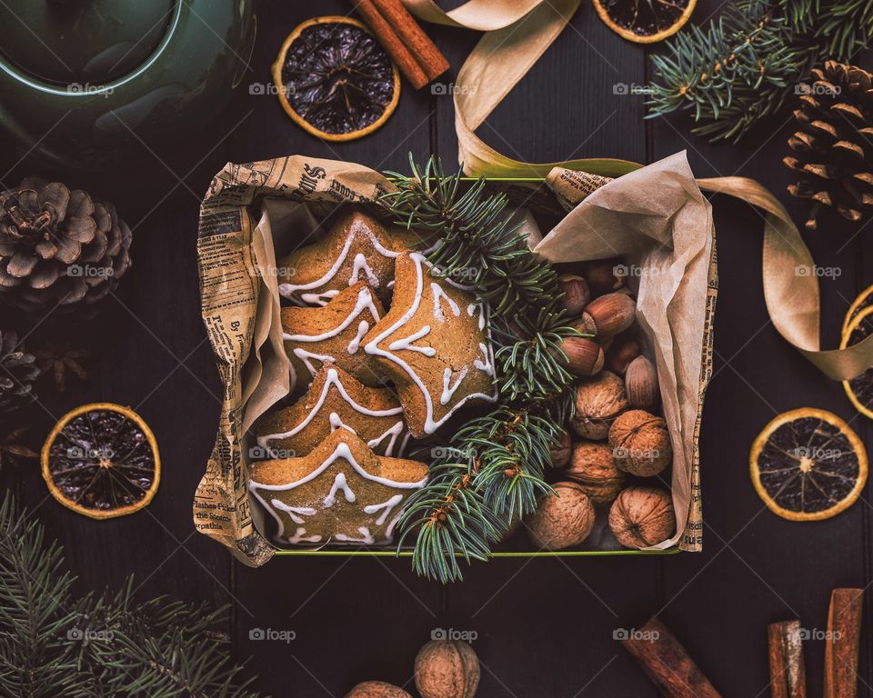 Christmas gingerbread cookies box Christmas decoration, overhead shot