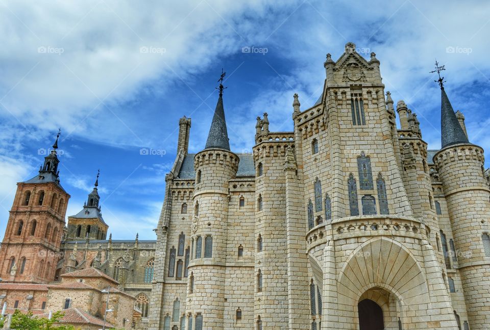 Architecture in Astorga. View of Episcolal Palace with cathedral in the background, Astorga, Spain.