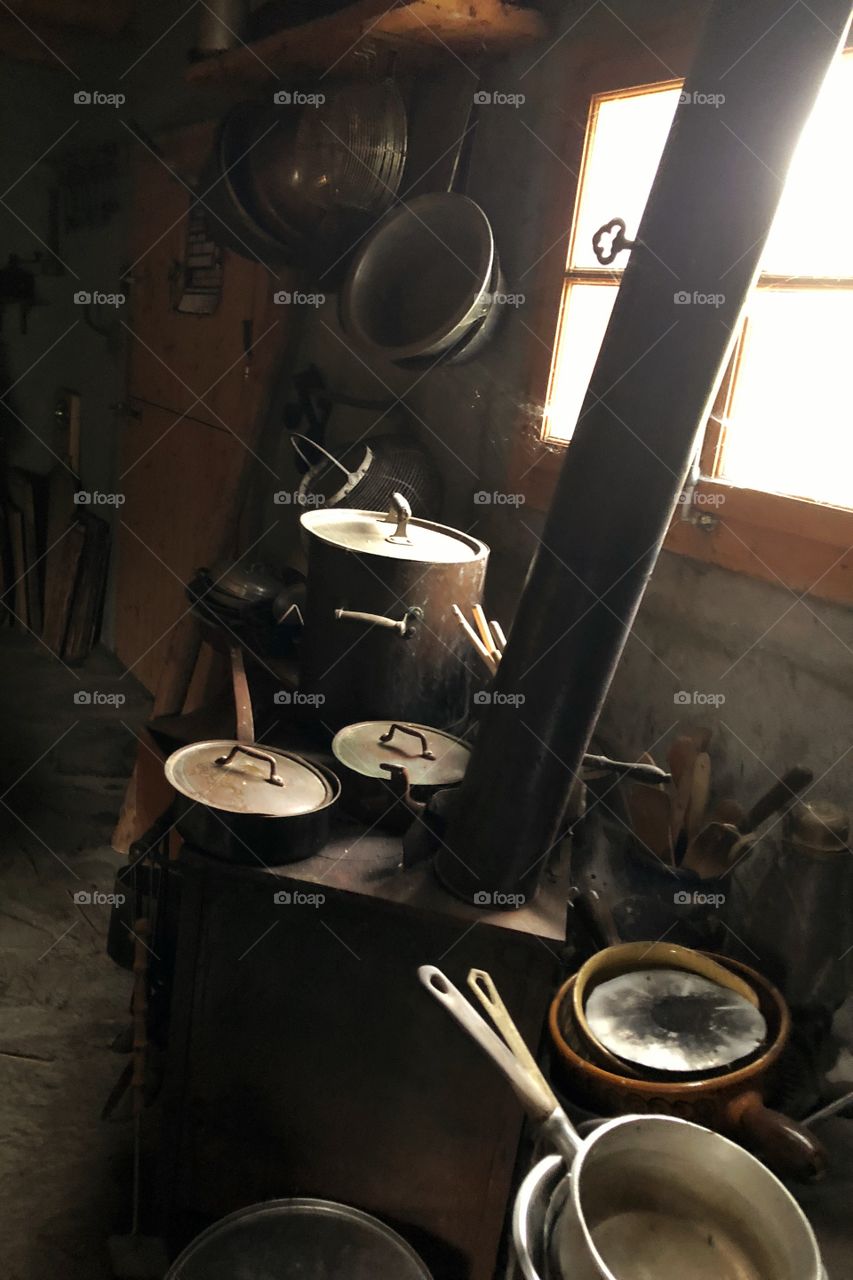 Rustic  wood-fired stove kitchen 