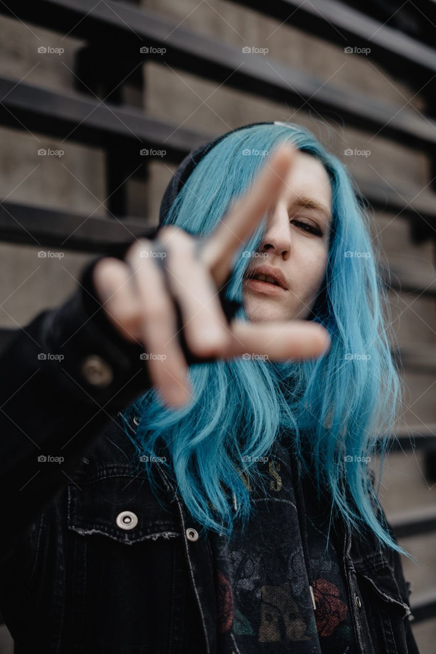 girl with a blue hair, rough millennial 