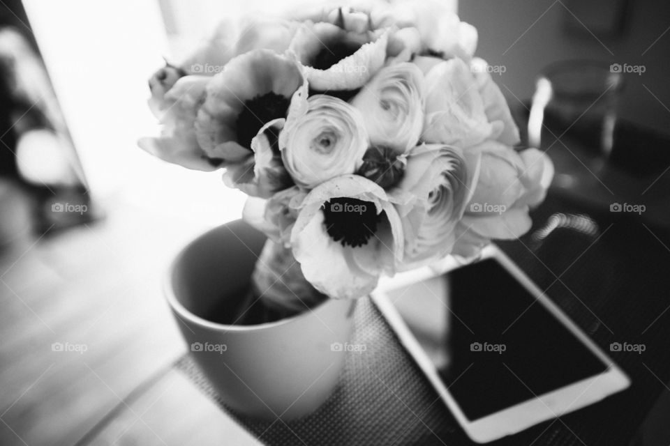 A wedding bouquet waiting his bride. Black and white photo 