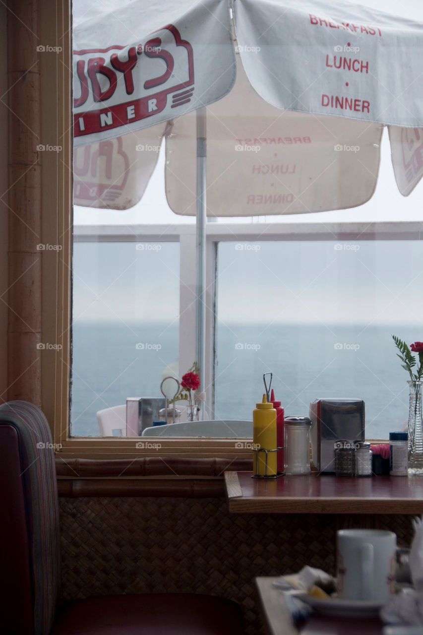 A view out the window of the diner on the pier in San Diego