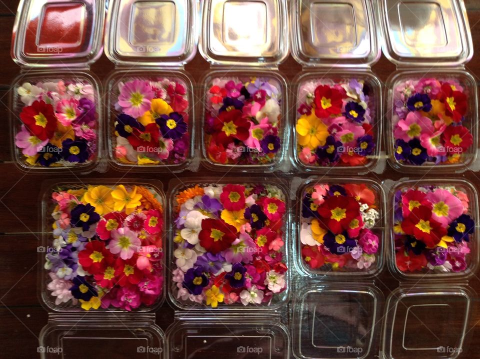 Boxes of edible flowers.