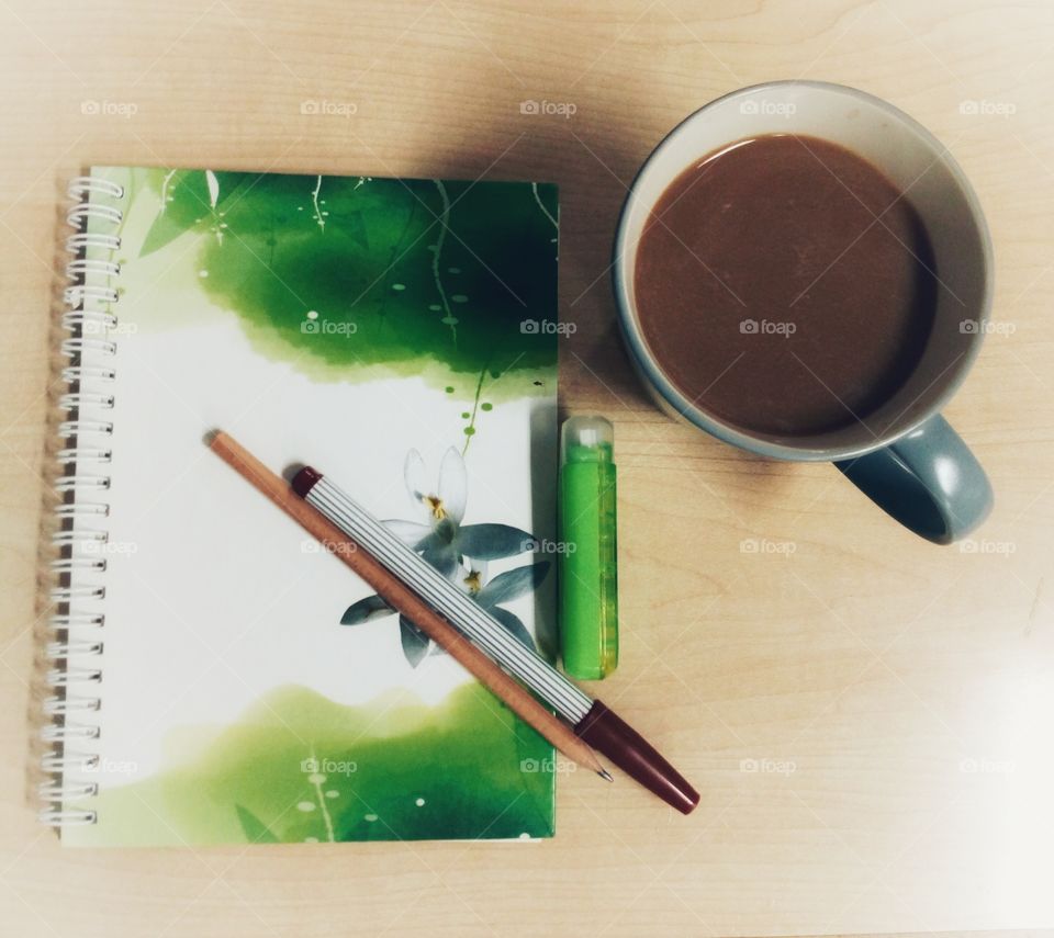 coffee with note book for working