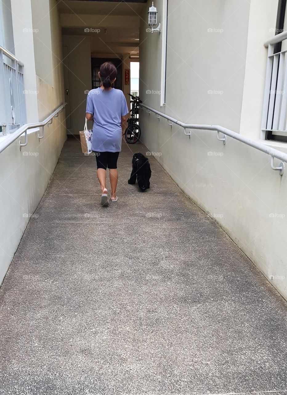 women walking with dog