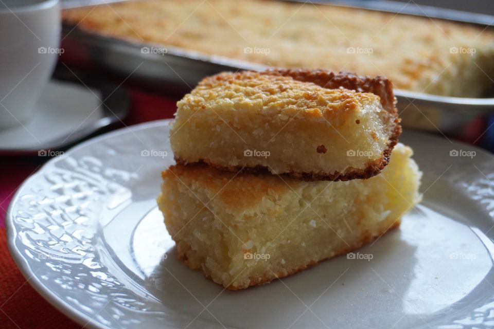 Cassava cake, a traditional recipe from northeastern Brazil. Manihot esculenta, commonly called cassava is a woody shrub native to South America