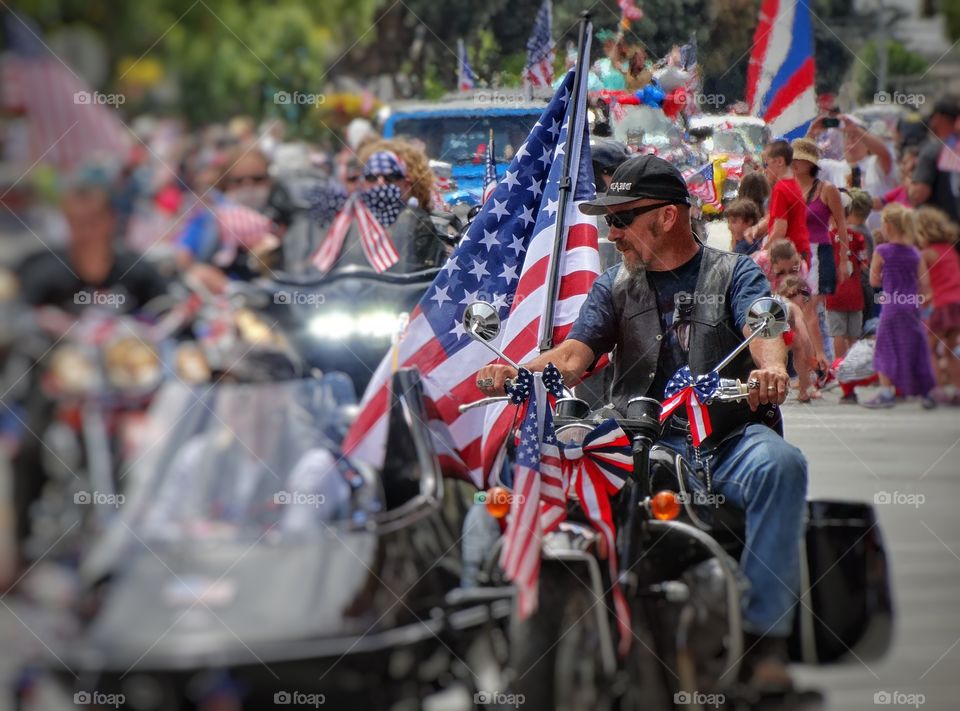 American Biker Gang. Motorcycle Club Flying American Colors
