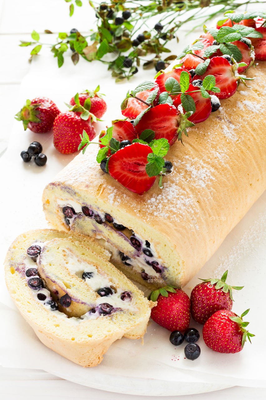 Homemade blueberry roll cake