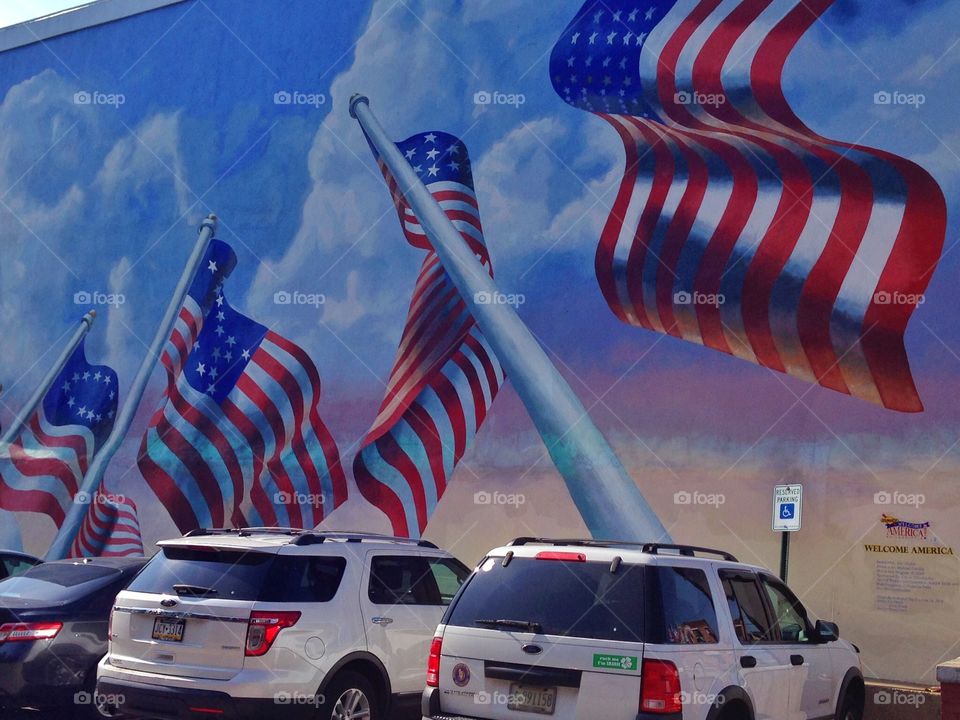 American flags painted . American flags painted on a wall of a house in Philly