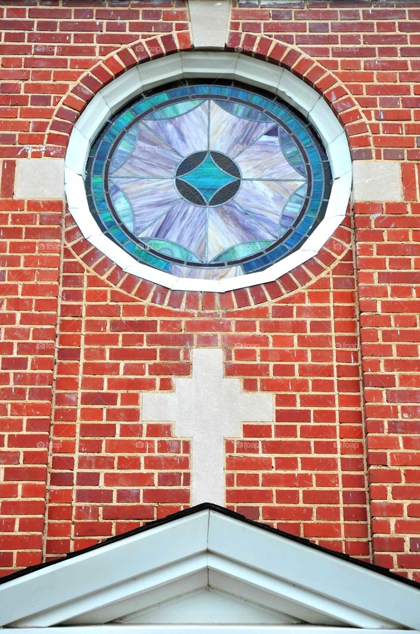 Stained glass church window . 