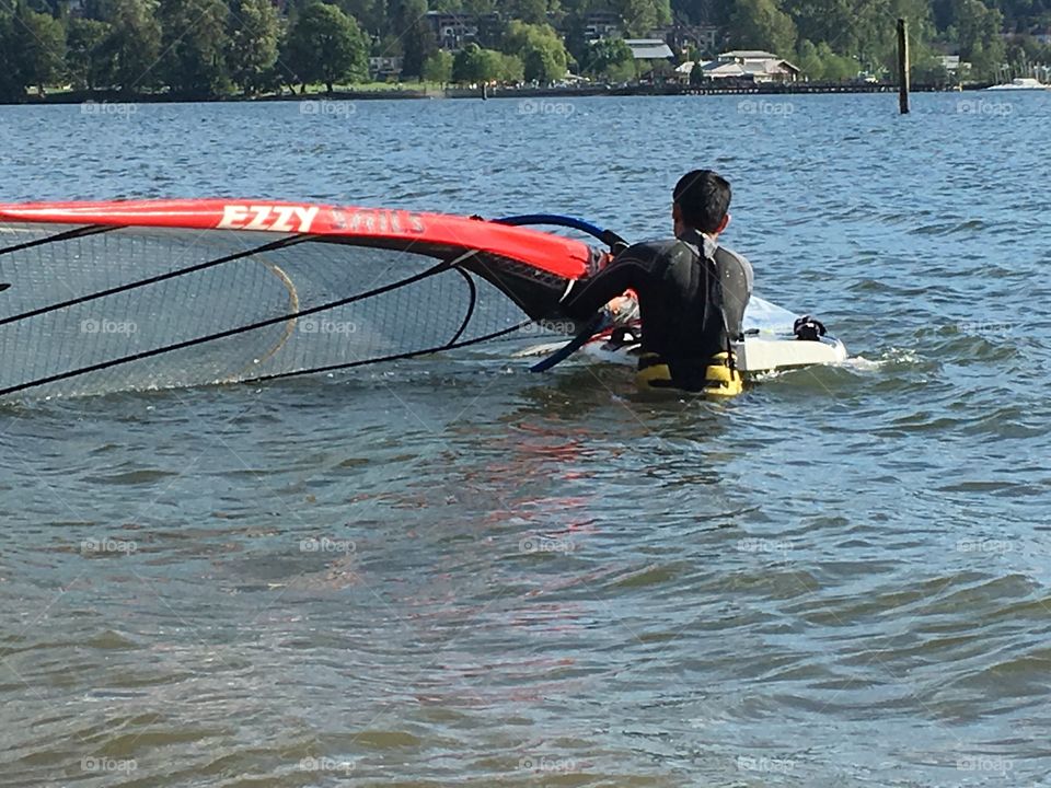 Windsurfing, man in water
