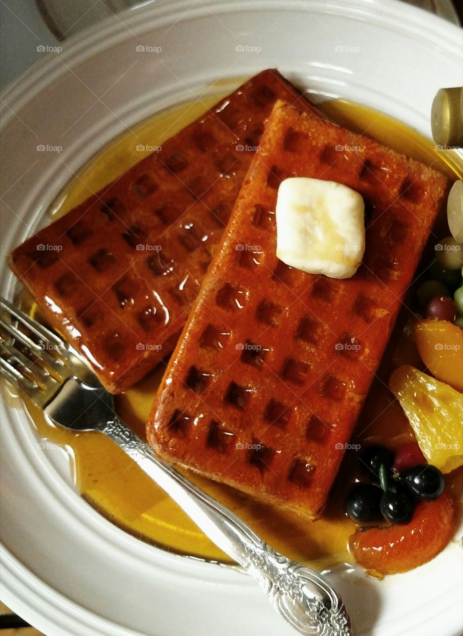 breakfast waffles butter syrup plate Fork sweet