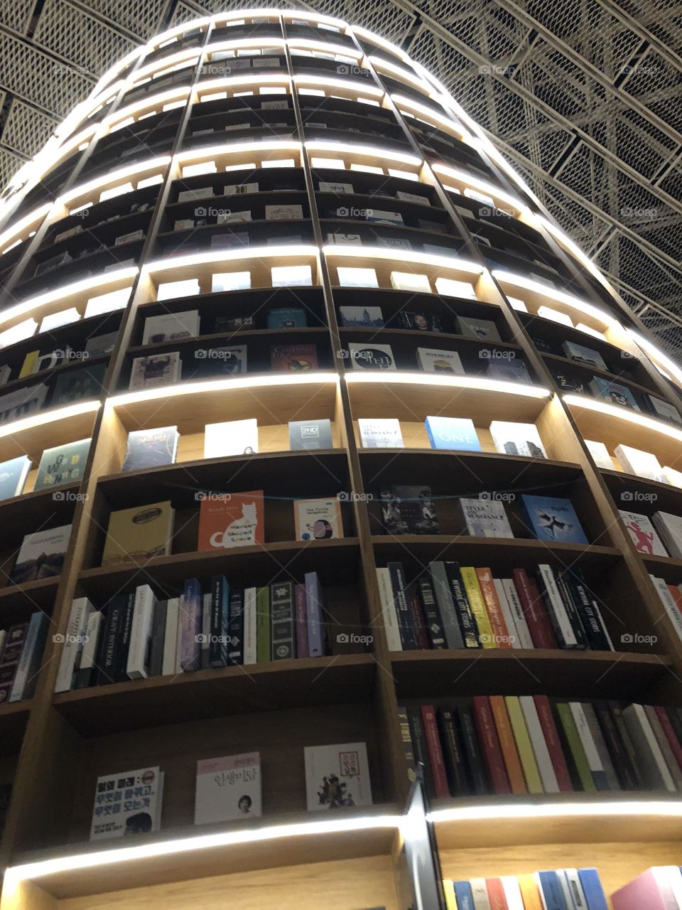 A modern bookstore that likes to call itself a library with well-lit shelves and ceiling architecture to match it’s unusual structure. 