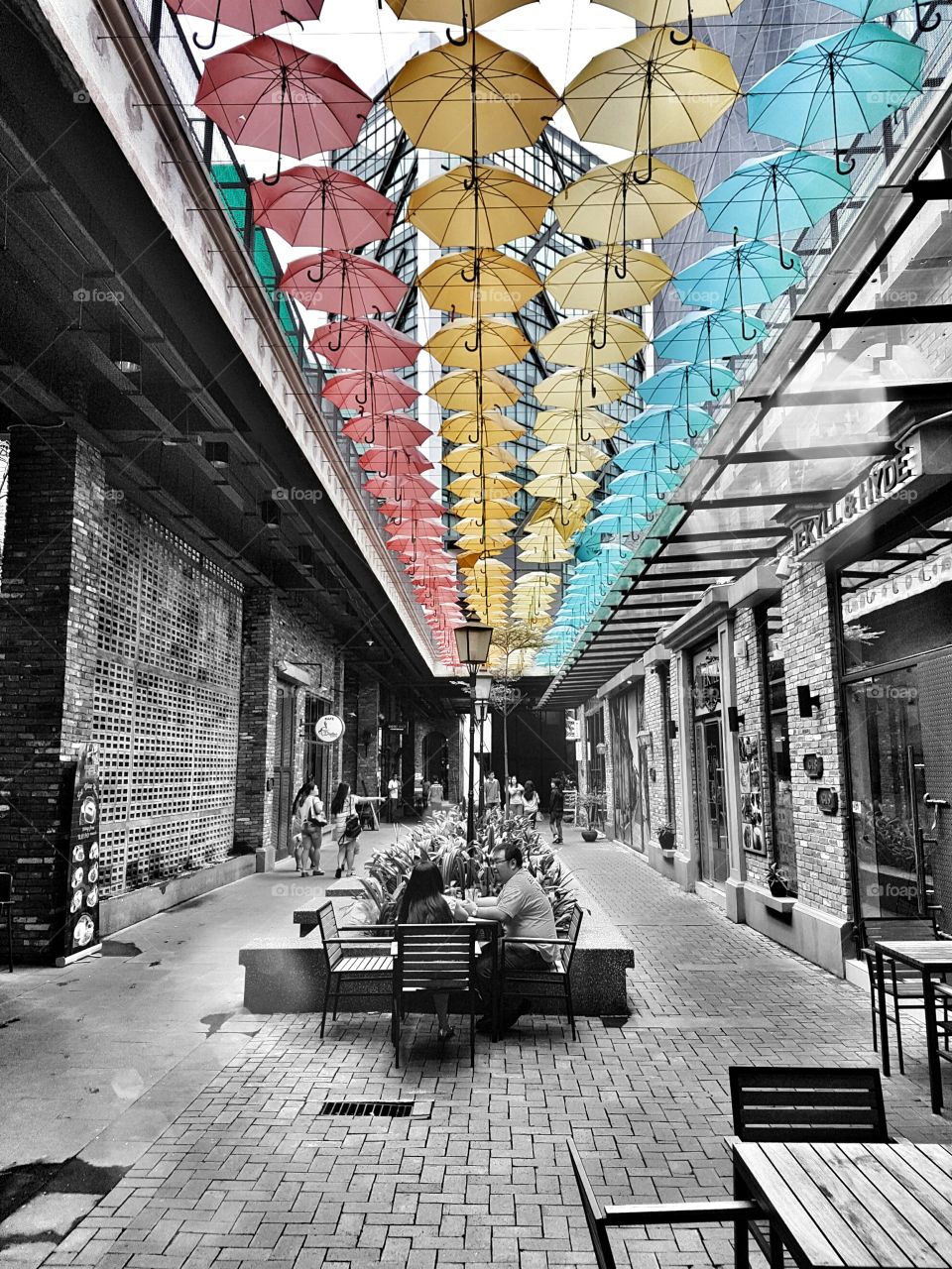 Street decorated with colorful umbrella