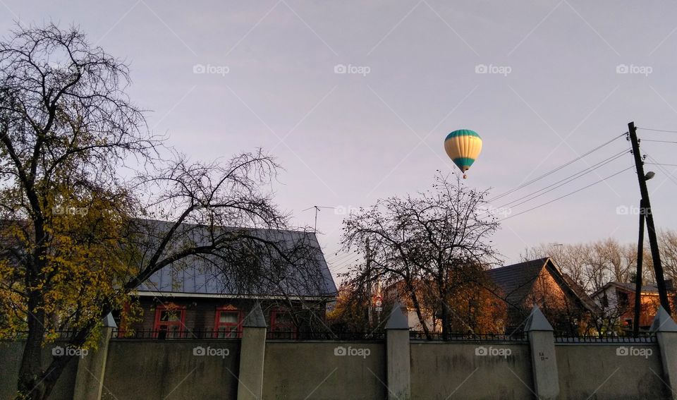 autumn street view and balloon flying landscape