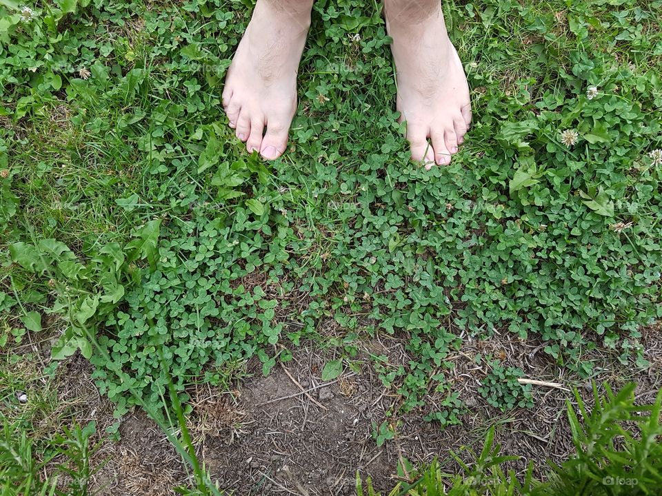 point of view from above of barefoot on the ground covered by green grass