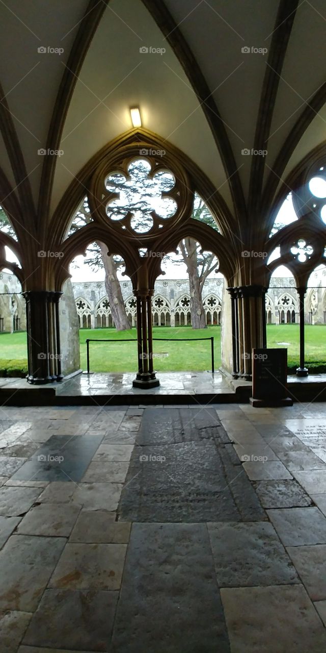 gothic archway in cloister of cathedral