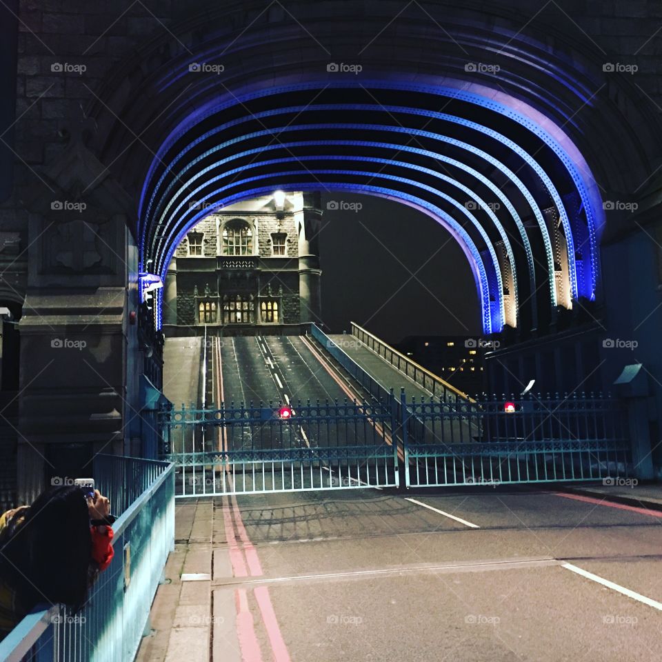 Tower bridge raising, east London, night time