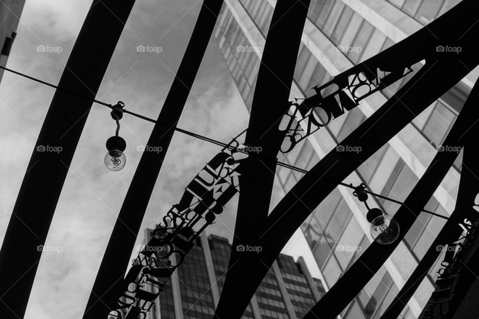 Skyscraper can be seen from contemporary architecture design site located in the central business district in Perth, Western Australia. Black and white image.