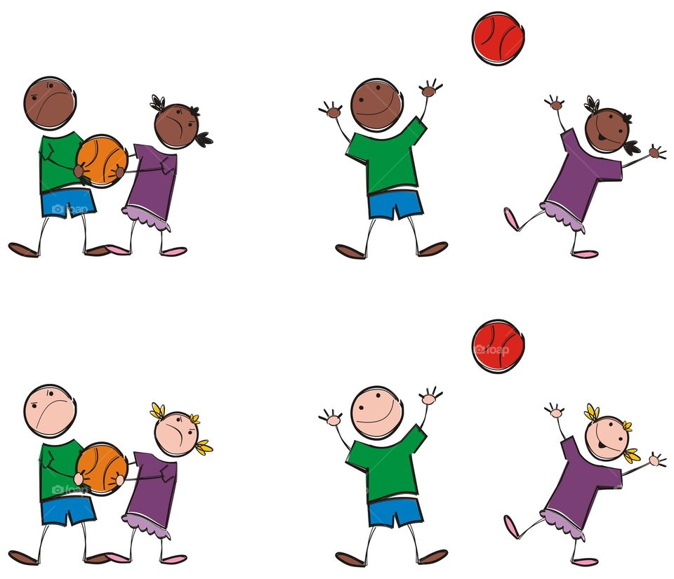 cartoon illustration of kids boys and girls playing ball together