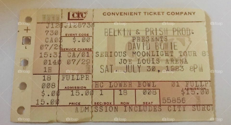 1983 David Bowie Concert Ticket 7-30-1983