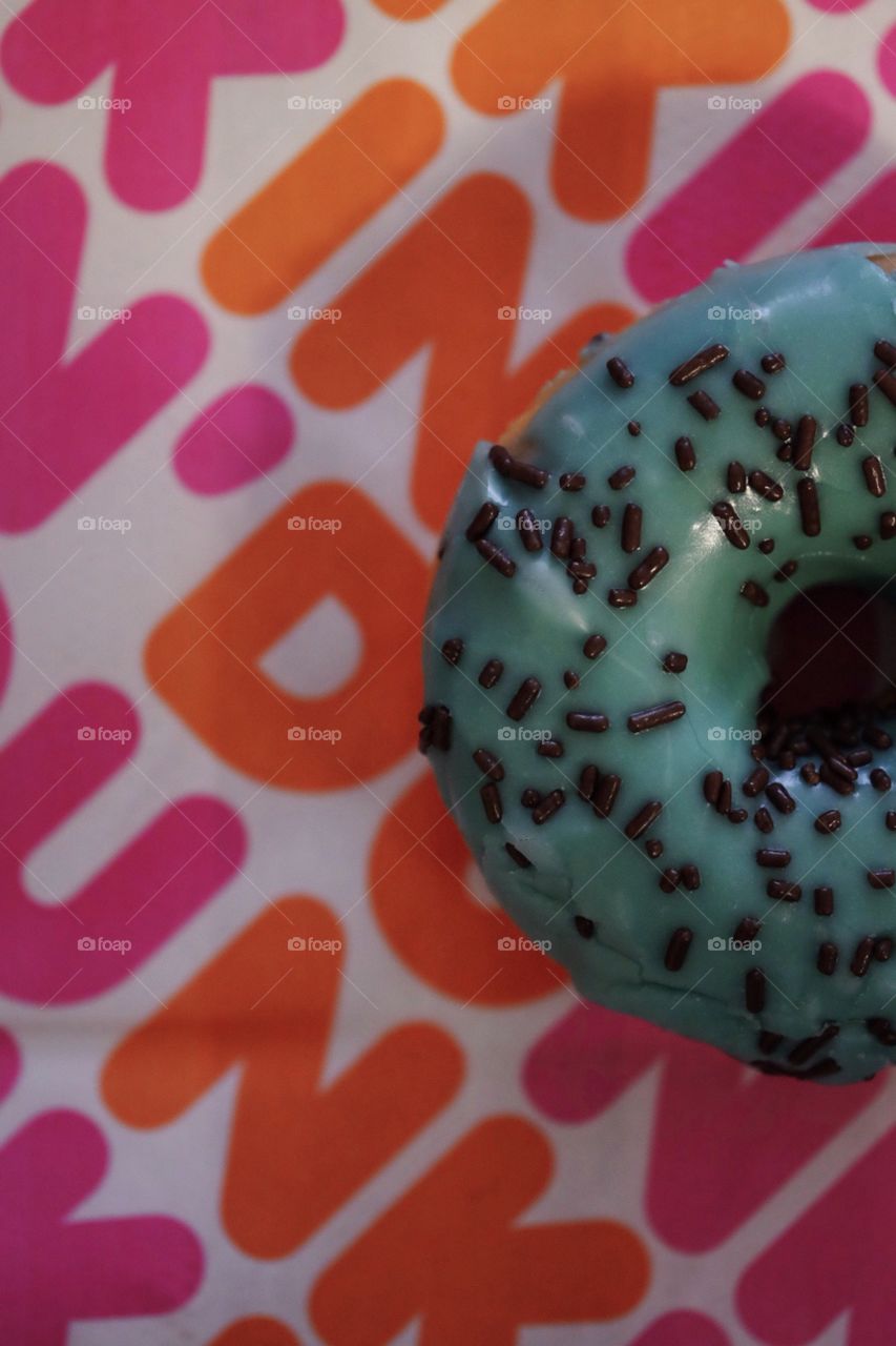 Donut With Frosting And Sprinkles On A Dunkin’ Donuts Takeout Bag, Food Photography, Donut Photograph 