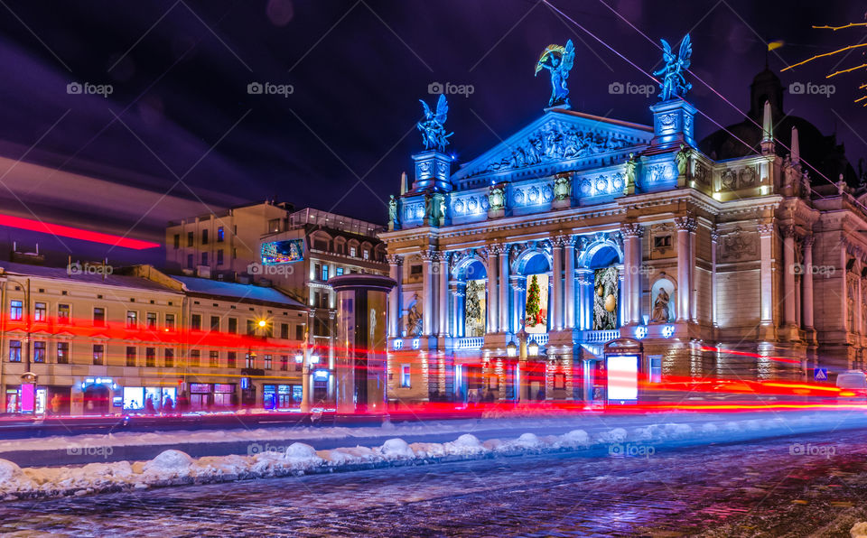 Night city scene in Lviv city