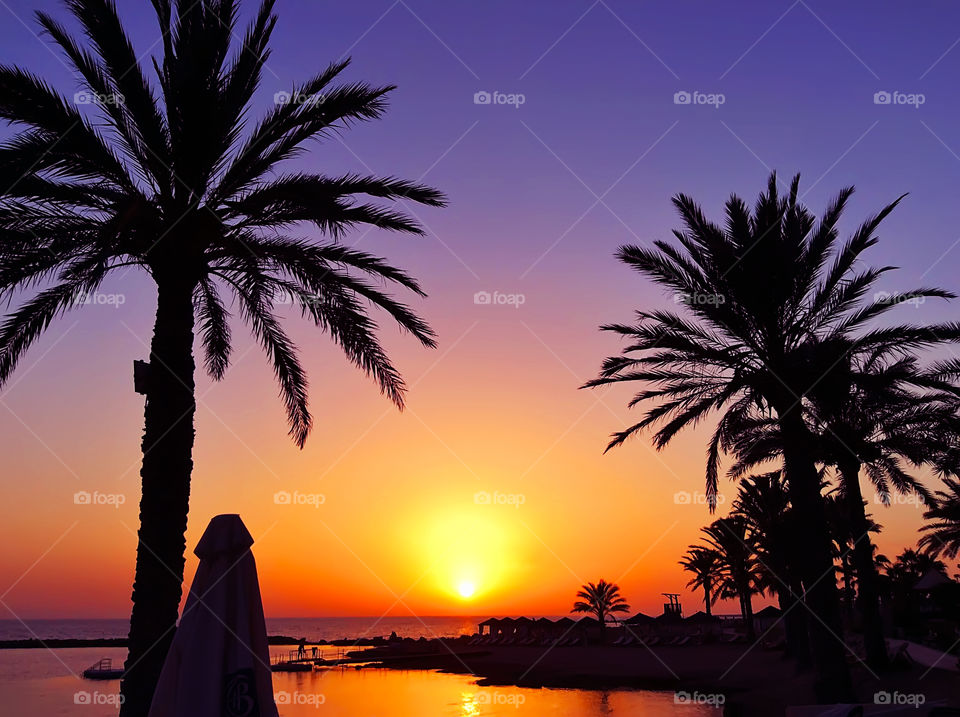 Beautiful tropical sunset above the sea surrounded by silhouettes of palm trees 
