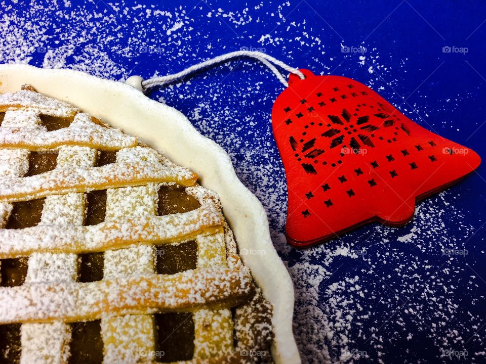 Apple pie on blue background