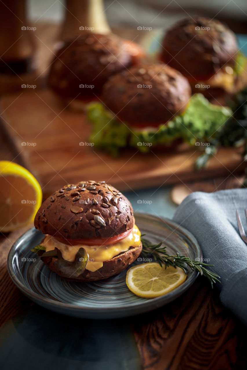 Dark burger with grain bread