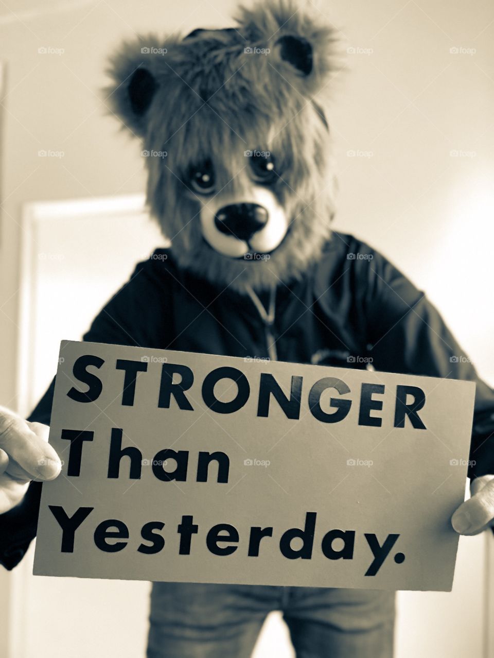 Bear Holding Sign, Fun Bear Costume, Furries, FurBaby, Positive Message, Positive Quotes, Bear Photography, Monochromatic Photos 