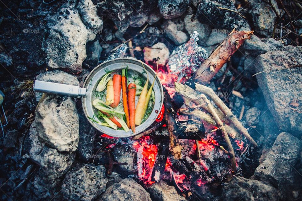 Camping fireplace dinner with vegetables