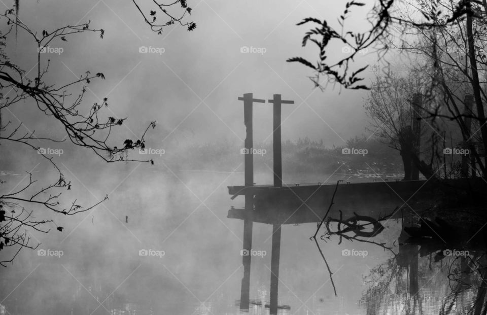 eerie black and white image of a wooden dock leading out to still reflective water with foggy surroundings framed by small tree branches