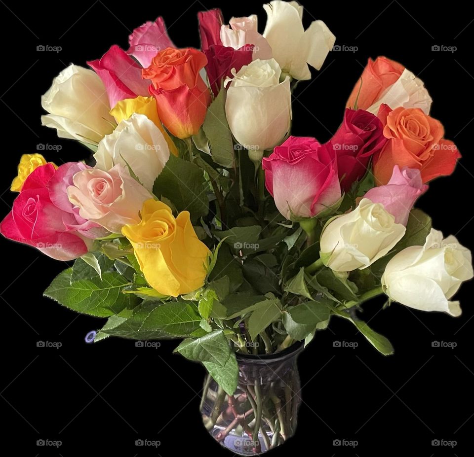 A vibrant bouquet of roses in red, pink, white, yellow, and fuchsia, each bloom fresh and full, arranged closely together to create a stunning mix of soft petals and rich, romantic color.