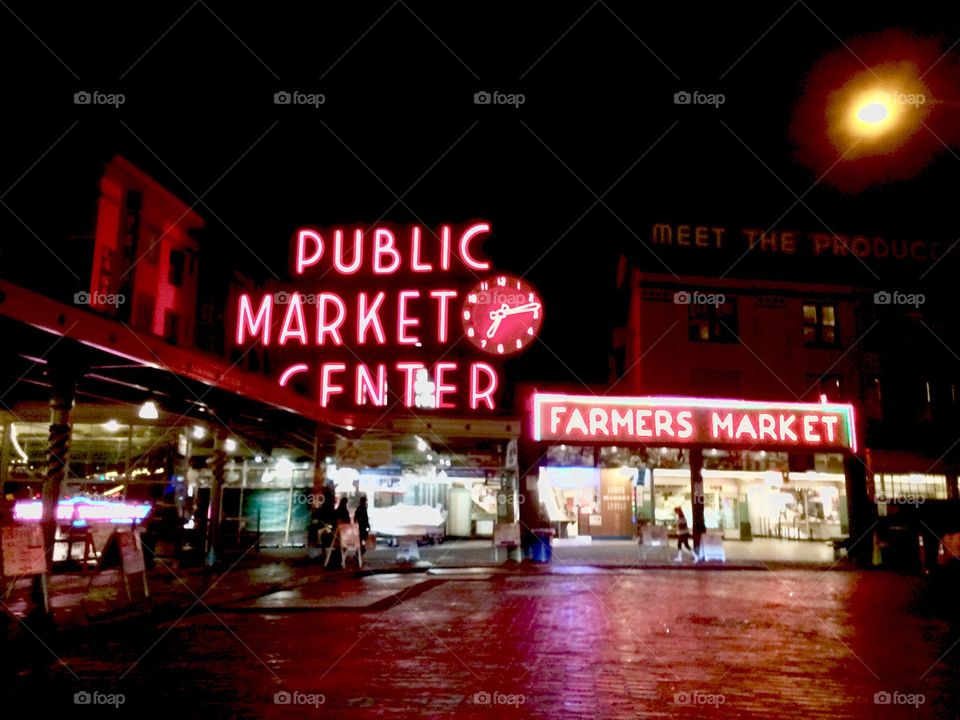 Pike Place Market entrance at night in Seattle, Washington. 